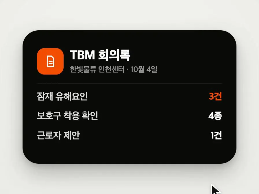 AnTok workflow demo screen (sample data) — a TBM meeting minutes card organized by AI: 3 potential hazards, 4 types of PPE use confirmed, 1 worker suggestion